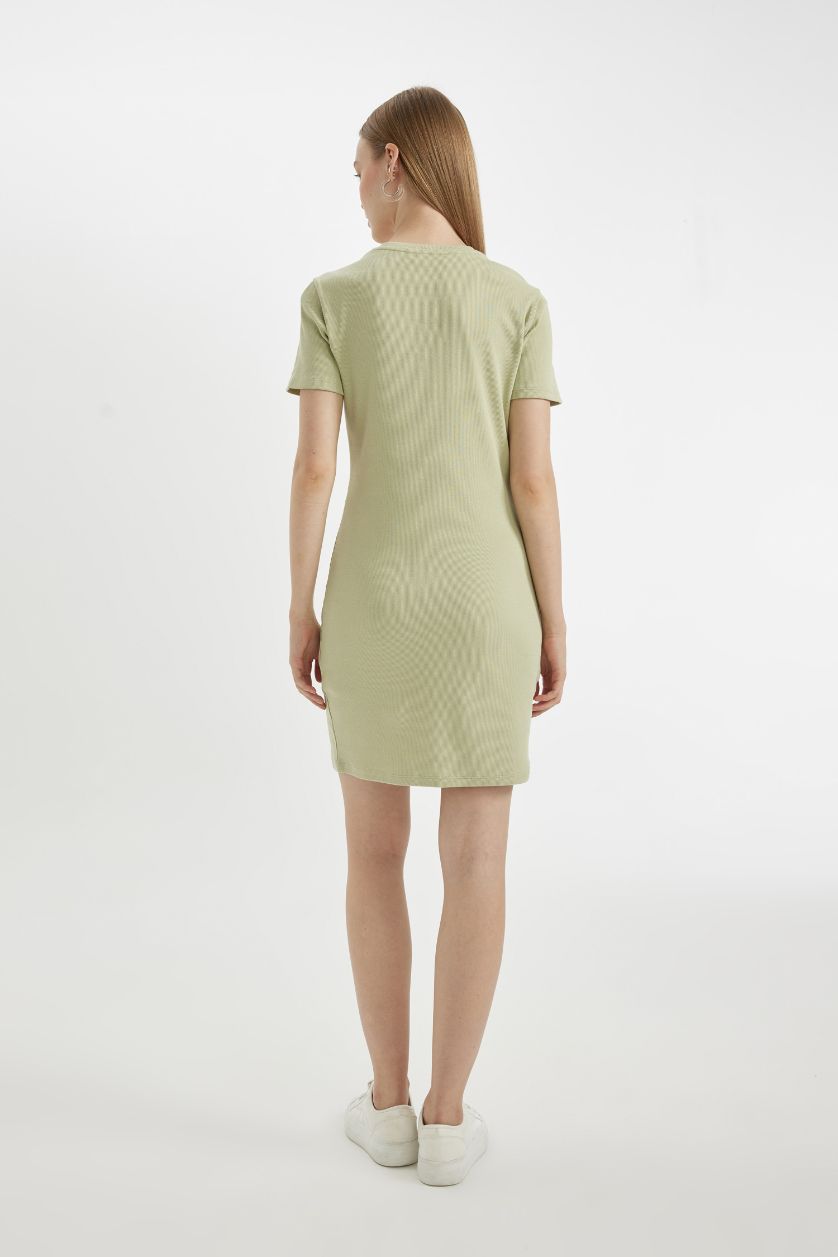 Kadın Açık Haki Coool Bodycon Vücudu Saran Bisiklet Yaka Fitilli Kaşkorse Kısa Kollu Mini Elbise