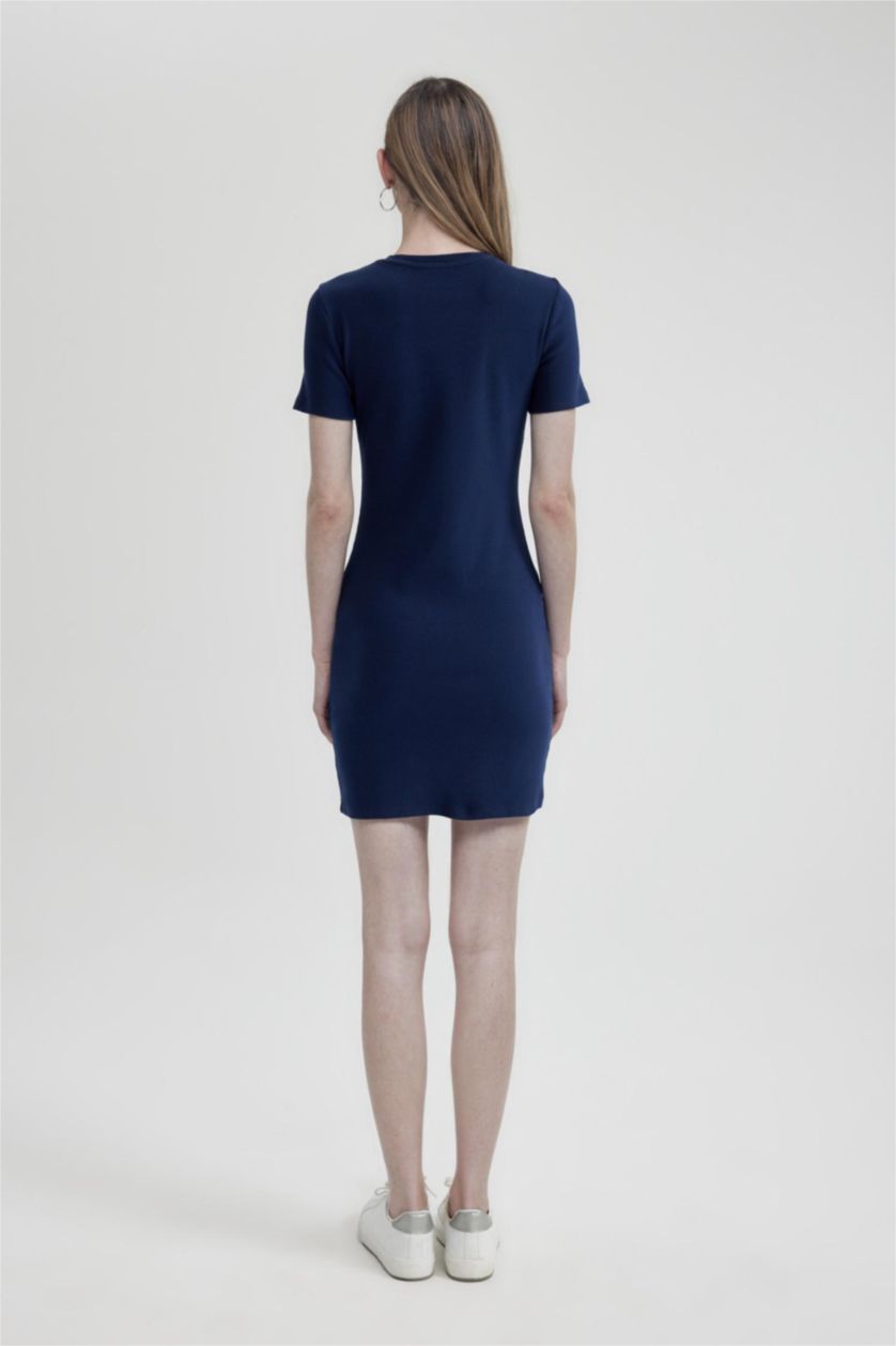 Kadın Lacivert Coool Bodycon Vücudu Saran Bisiklet Yaka Fitilli Kaşkorse Kısa Kollu Mini Elbise