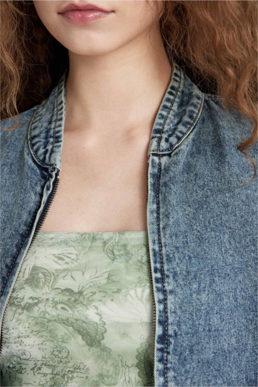 Kadın Mavi Oversize Geniş Kalıp Jean Bomber Ceket Kolej Yaka Fermuarlı Çift Cepli