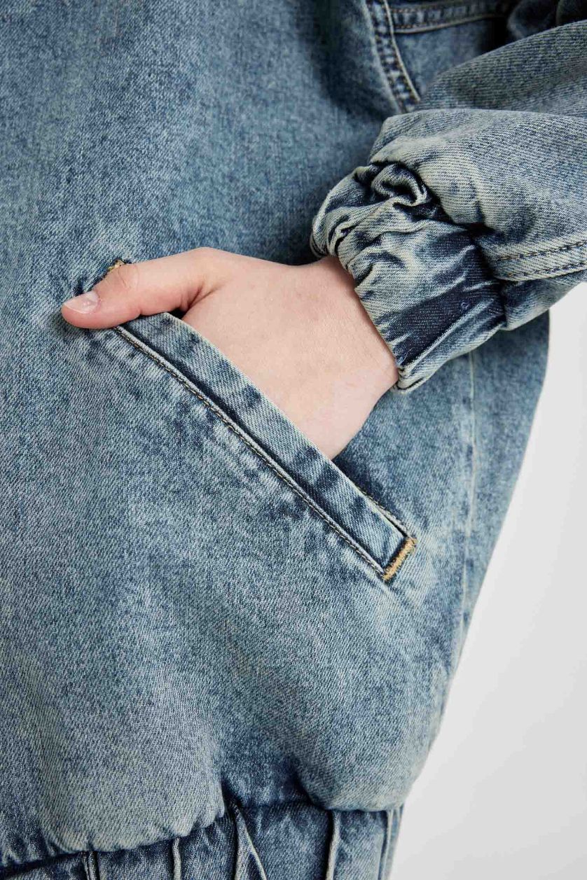 Kadın Mavi Oversize Geniş Kalıp Jean Bomber Ceket Kolej Yaka Fermuarlı Çift Cepli