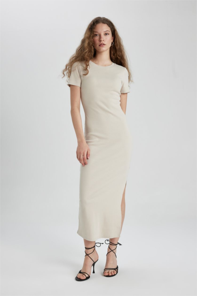 Kadın Bej Bodycon Vücudu Saran Bisiklet Yaka Fitilli Kaşkorse Kısa Kollu Maxi Elbise