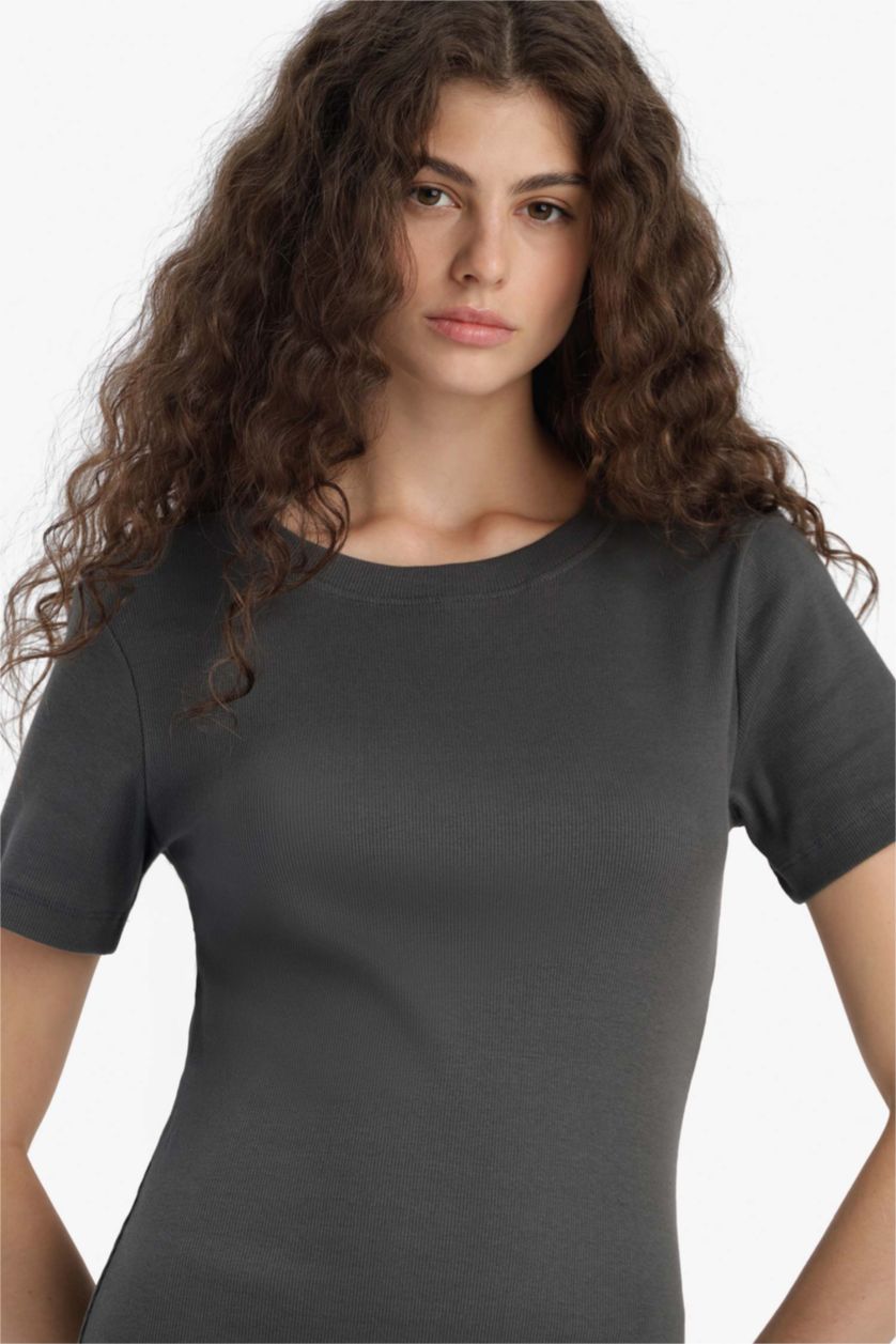 حريمي أنثرا فستان طويل مضلع سليم فيت نص كم بوديكون برقبة مستديرة