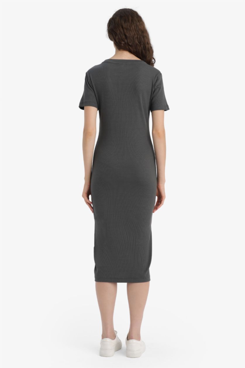 حريمي أنثرا فستان طويل مضلع سليم فيت نص كم بوديكون برقبة مستديرة