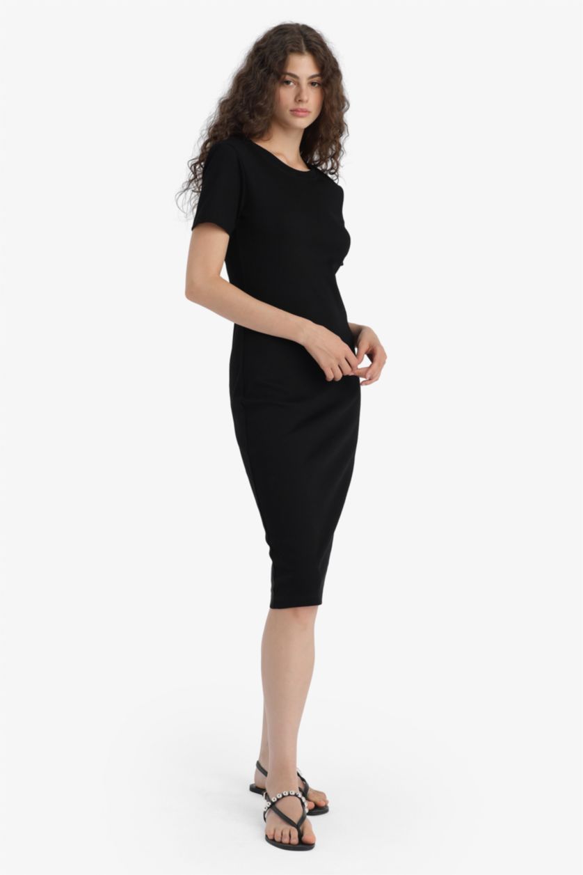 حريمي أسود فستان طويل مضلع سليم فيت نص كم بوديكون برقبة مستديرة