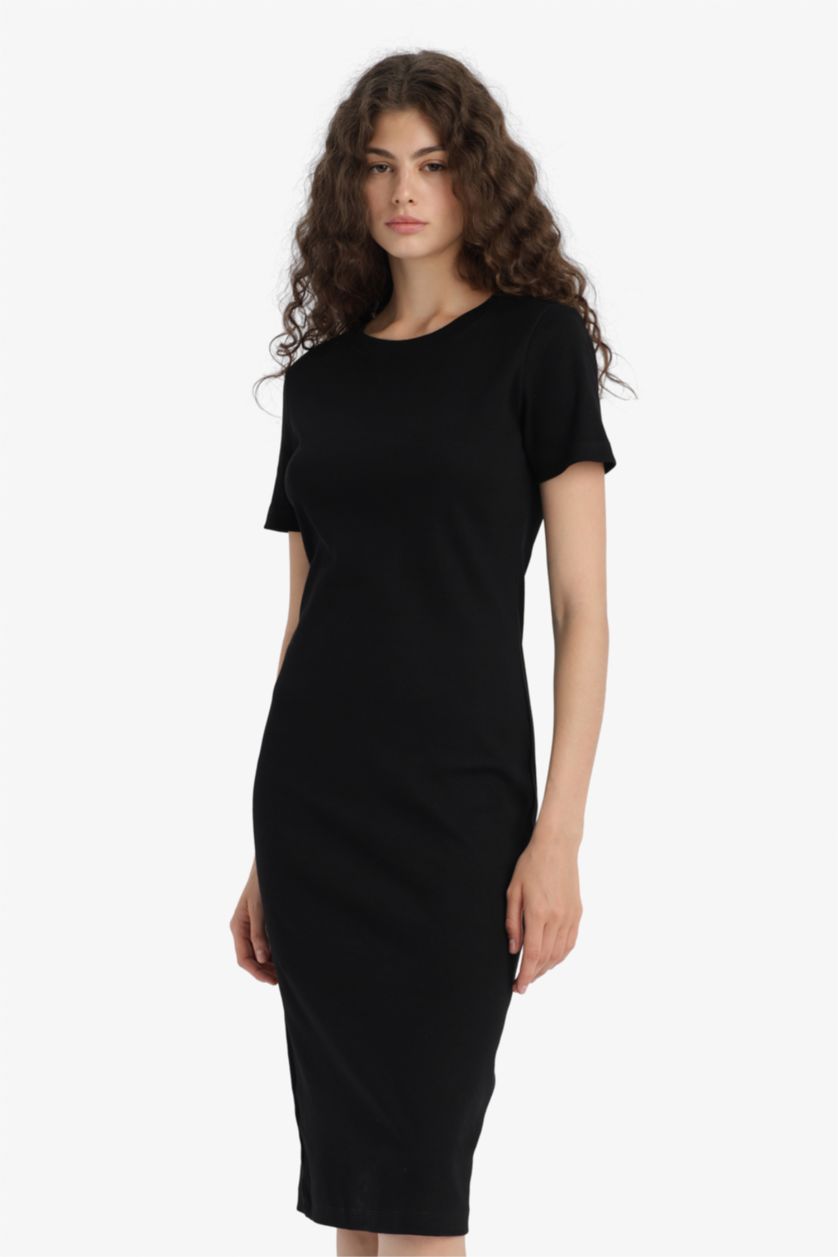 حريمي أسود فستان طويل مضلع سليم فيت نص كم بوديكون برقبة مستديرة