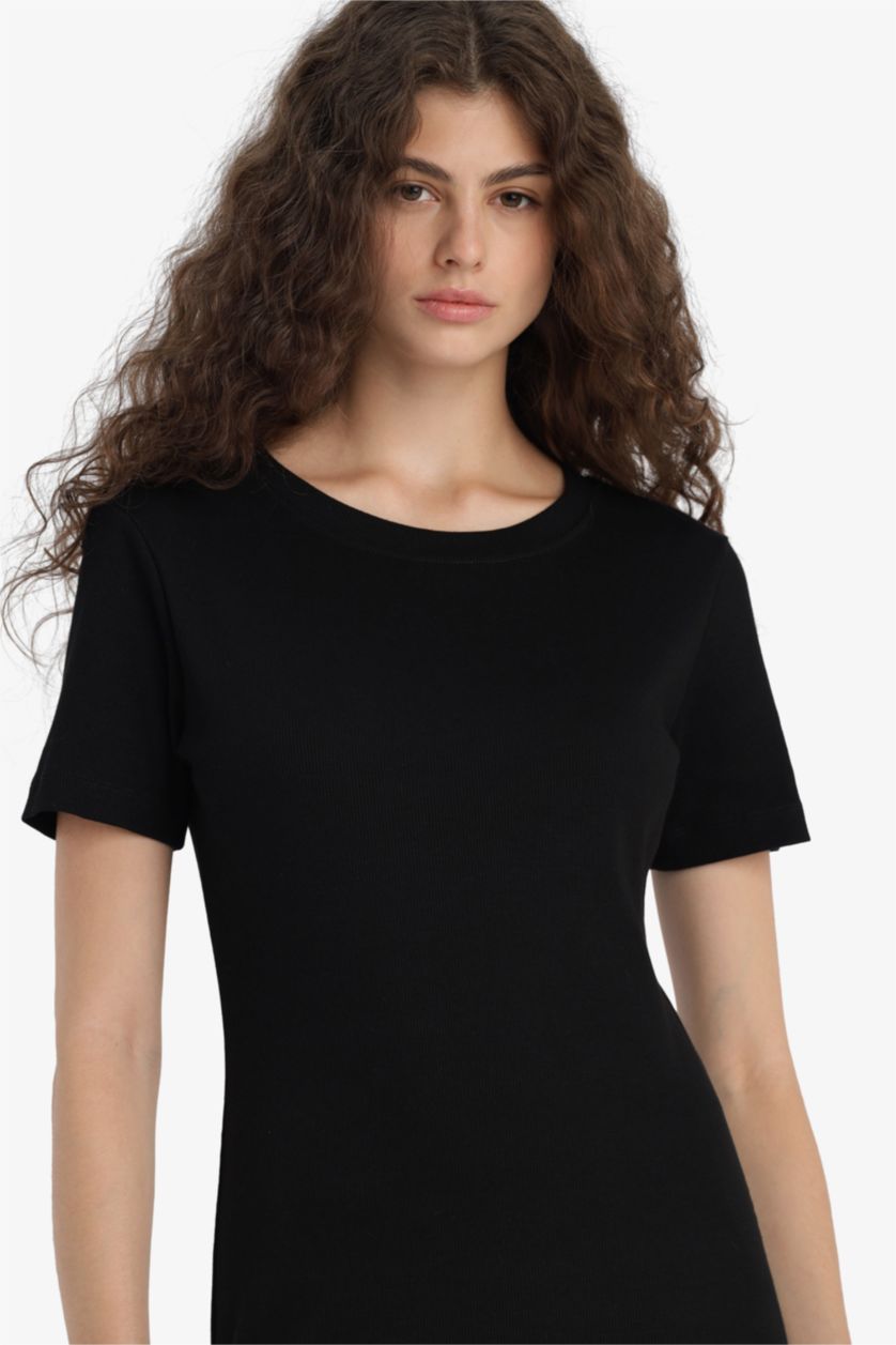 حريمي أسود فستان طويل مضلع سليم فيت نص كم بوديكون برقبة مستديرة