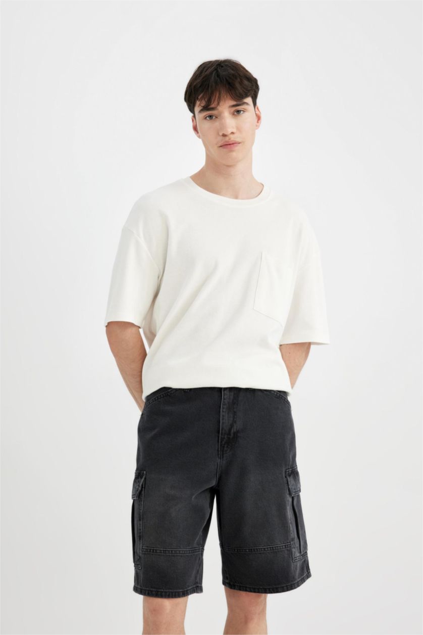 Erkek Siyah %100 Pamuk Kargo Fit Jean Bermuda Şort