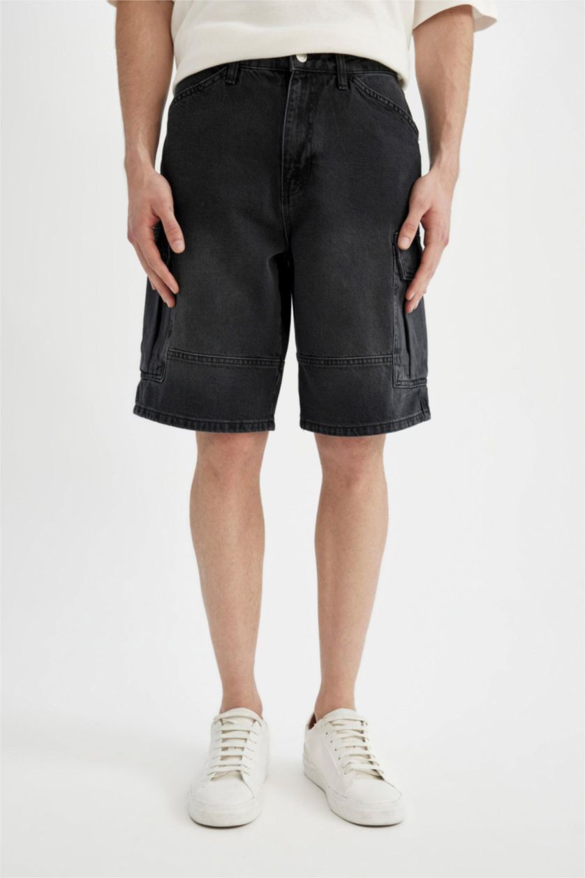 Erkek Siyah %100 Pamuk Kargo Fit Jean Bermuda Şort