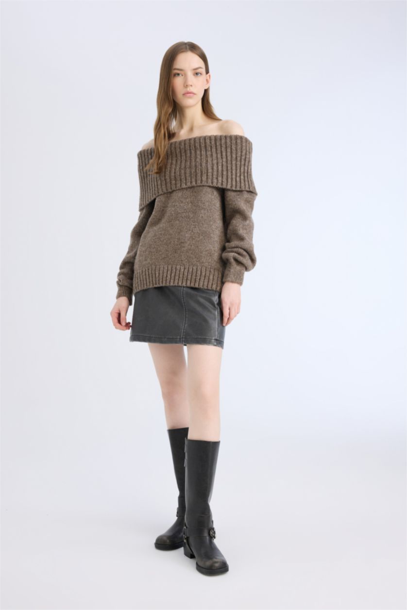 WOMAN Brown Regular Fit Strapless Knitwear Pullover