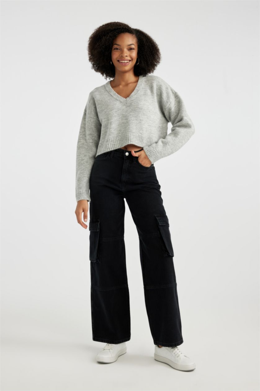 WOMAN Grey Melange Regular Fit V Neck Pullover