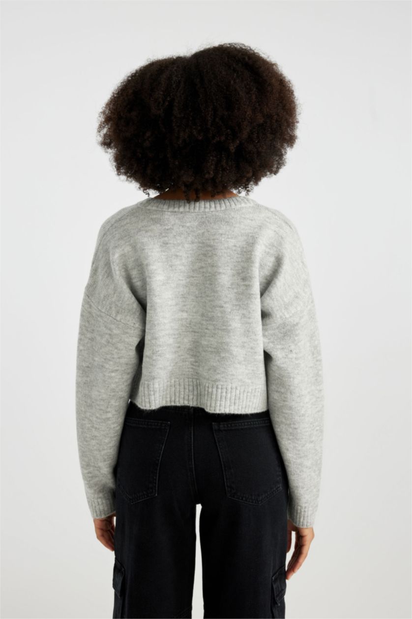 WOMAN Grey Melange Regular Fit V Neck Pullover