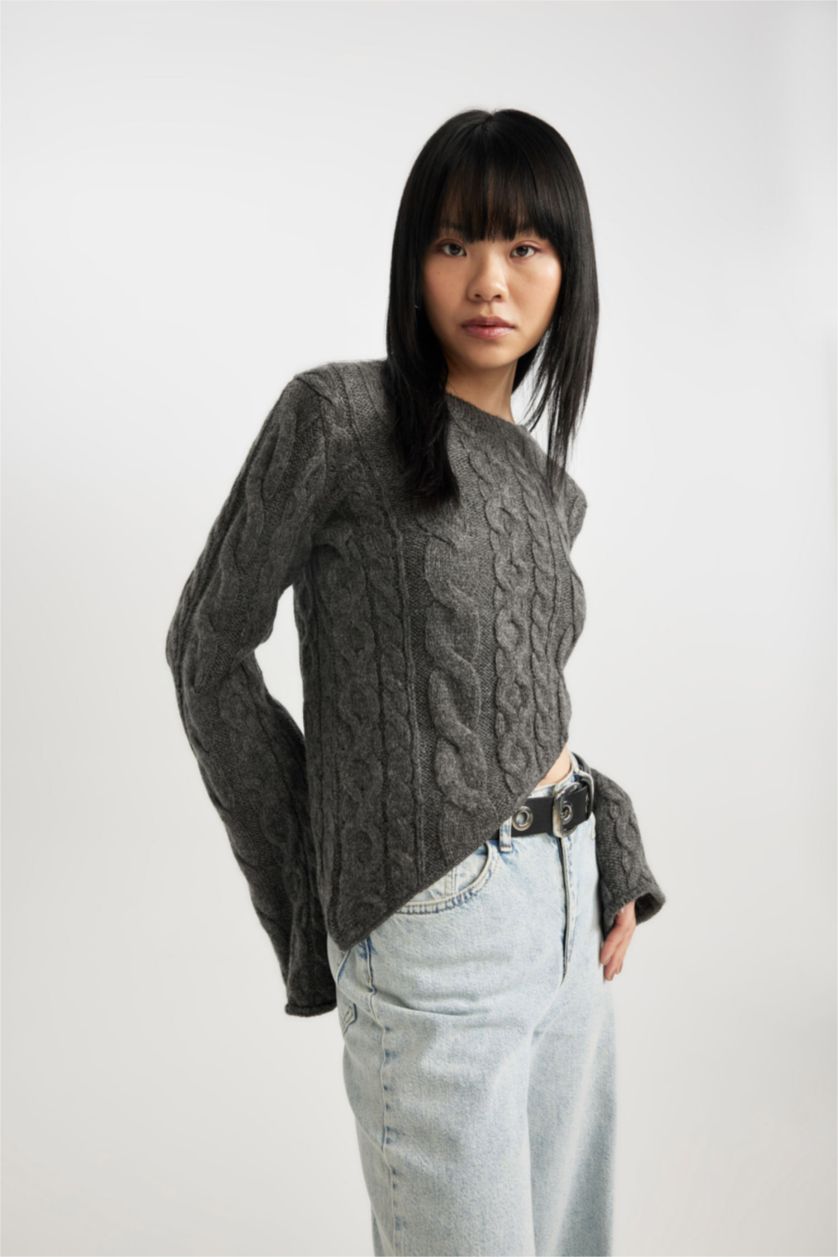 WOMAN Anthracite Melange Slim Fit Crew Neck Knitted Pullover