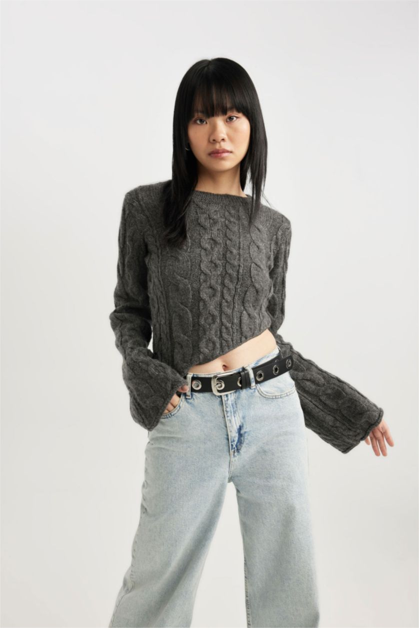 WOMAN Anthracite Melange Slim Fit Crew Neck Knitted Pullover