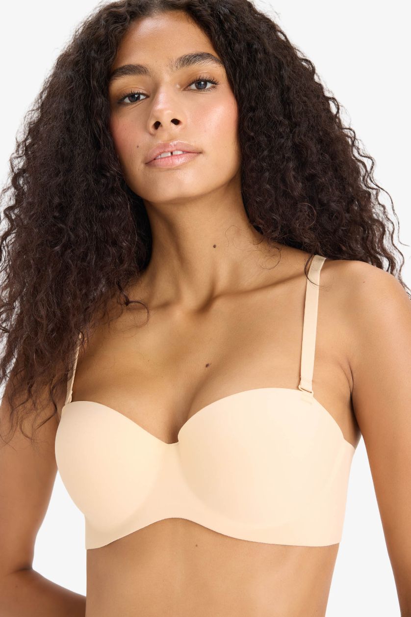 Woman Beige Push Up Strapless Bra