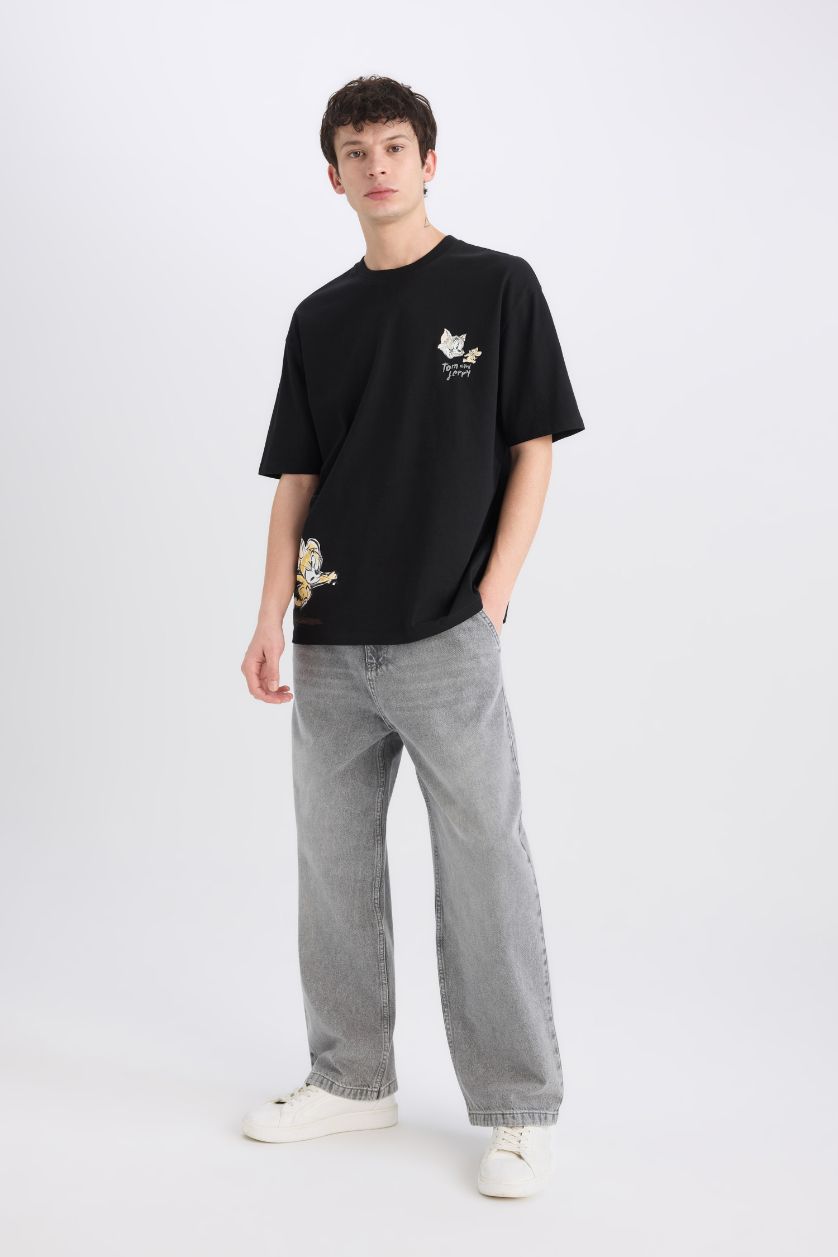 Erkek Siyah %100 Pamuk Tom & Jerry Oversize Geniş Kalıp Bisiklet Yaka Sırt Baskılı Kısa Kollu Tişört