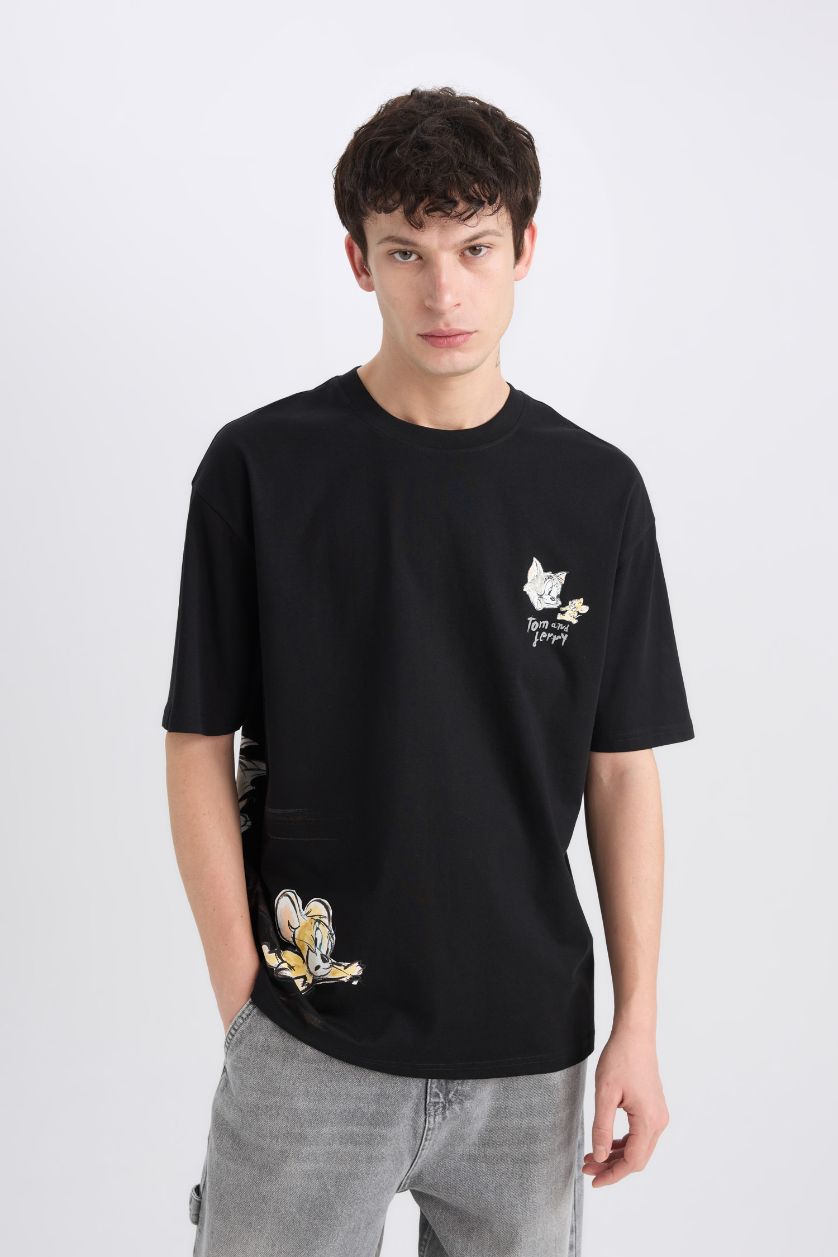 Erkek Siyah %100 Pamuk Tom & Jerry Oversize Geniş Kalıp Bisiklet Yaka Sırt Baskılı Kısa Kollu Tişört
