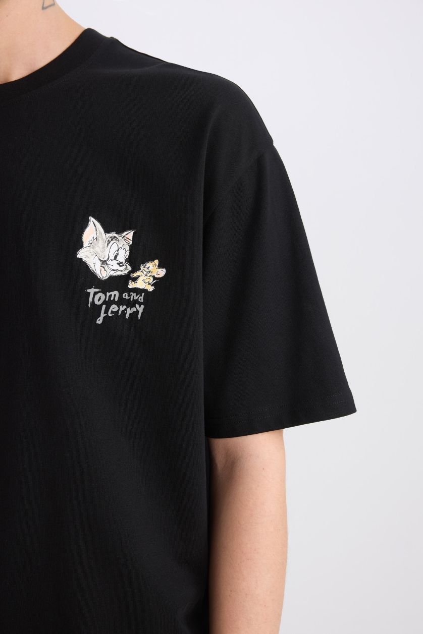 Erkek Siyah %100 Pamuk Tom & Jerry Oversize Geniş Kalıp Bisiklet Yaka Sırt Baskılı Kısa Kollu Tişört