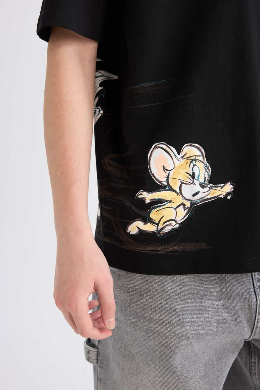 Erkek Siyah %100 Pamuk Tom & Jerry Oversize Geniş Kalıp Bisiklet Yaka Sırt Baskılı Kısa Kollu Tişört