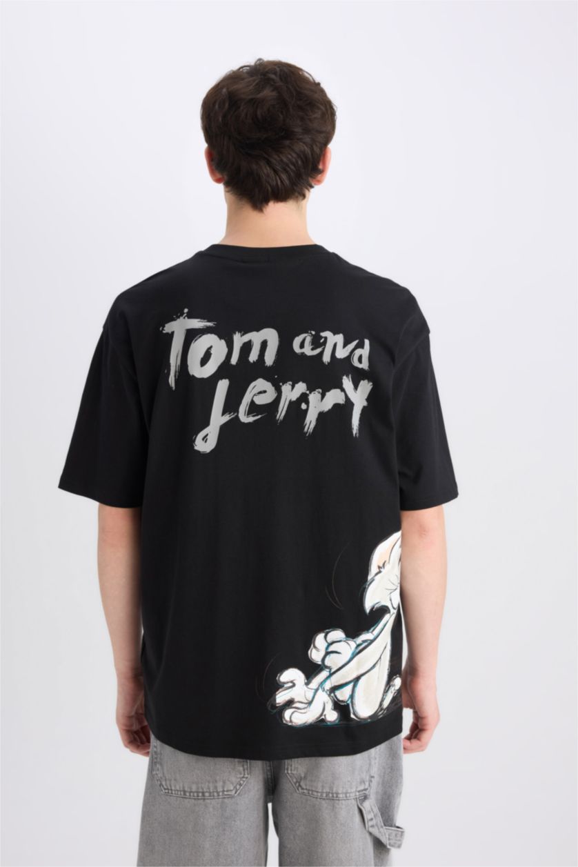 Erkek Siyah %100 Pamuk Tom & Jerry Oversize Geniş Kalıp Bisiklet Yaka Sırt Baskılı Kısa Kollu Tişört