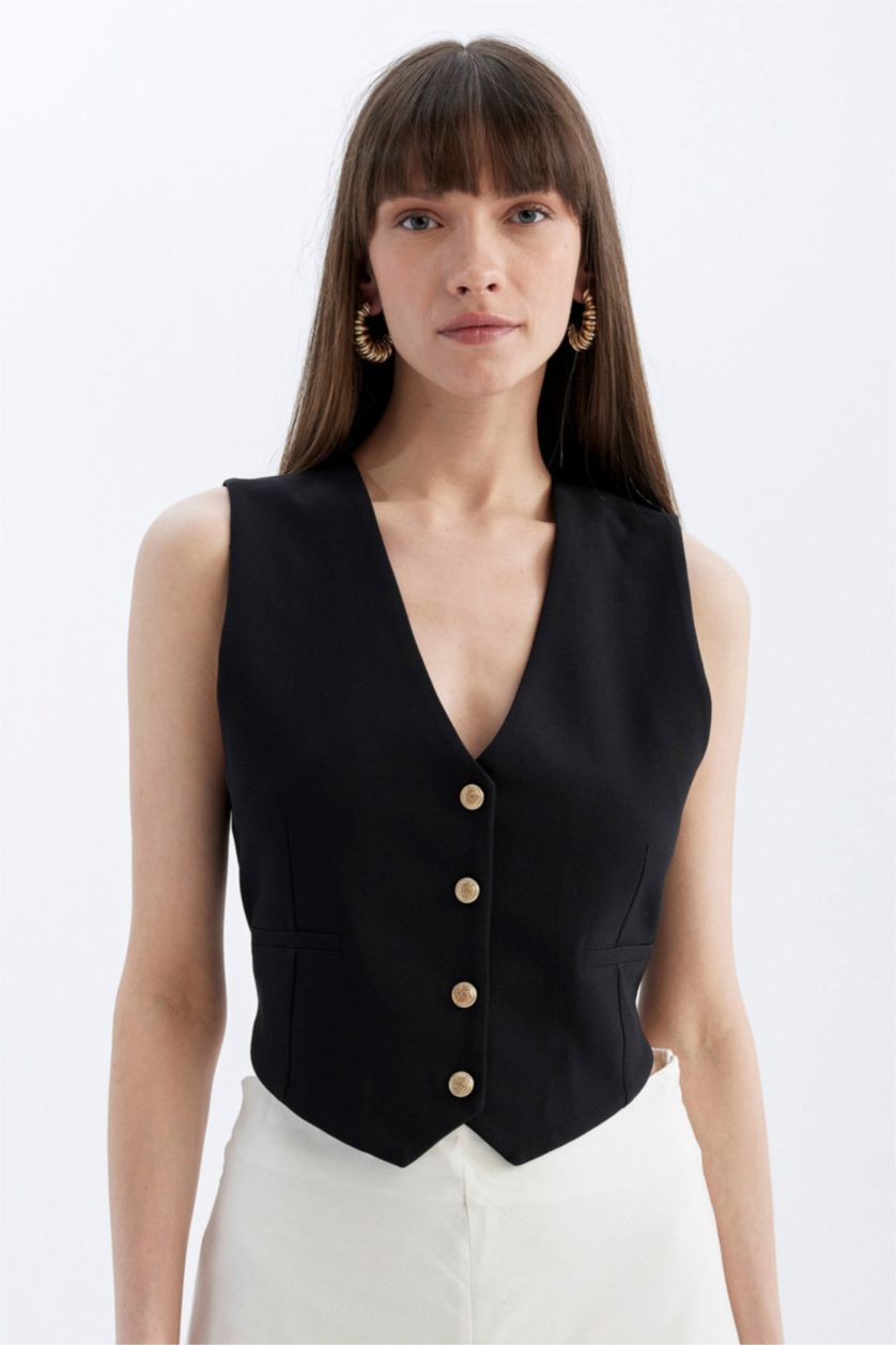FEMME Noir Gilet Blazer Coupe Régulière Col En V