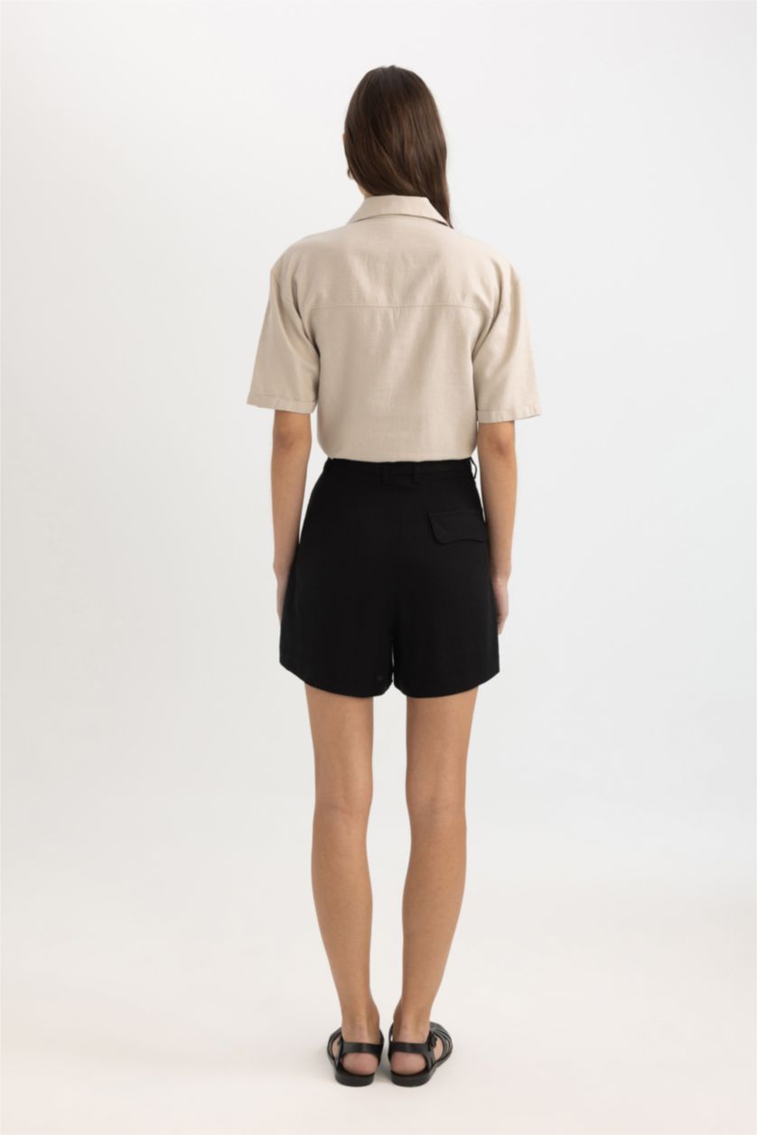 نساء أسود شورت بخصر عالي وايد ليج ممزوج بالكتان