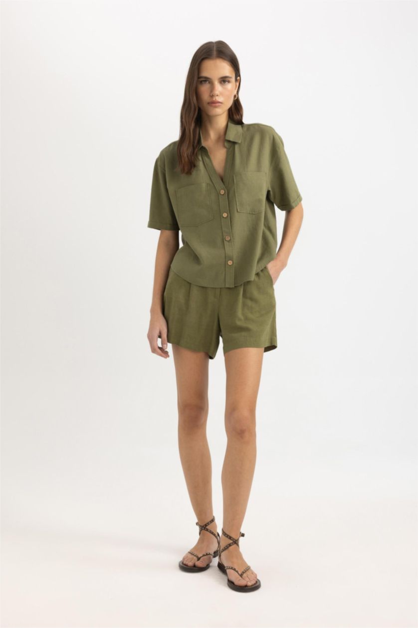 WOMAN Khaki Linen Blended High Waist Wide Leg Shorts