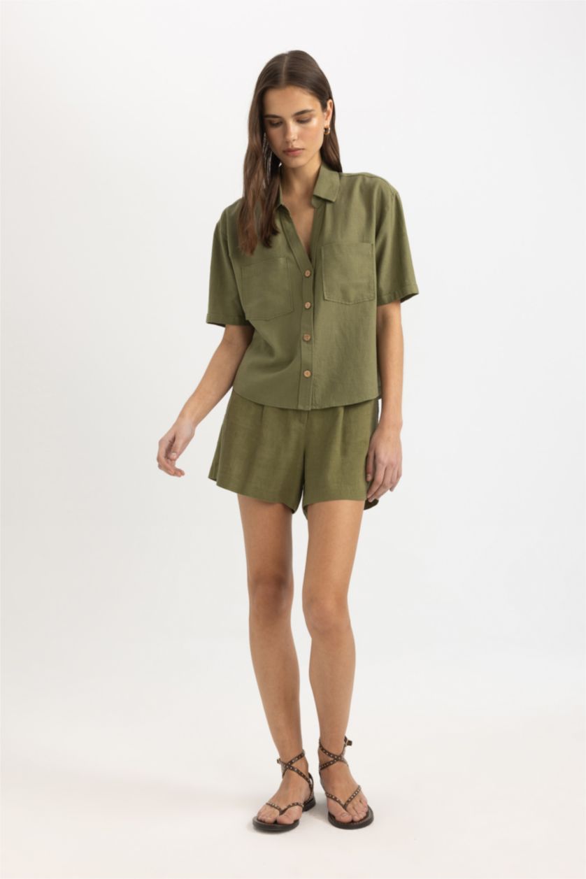 WOMAN Khaki Linen Blended High Waist Wide Leg Shorts