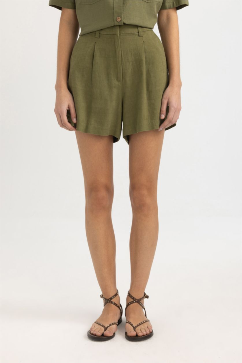 WOMAN Khaki Linen Blended High Waist Wide Leg Shorts