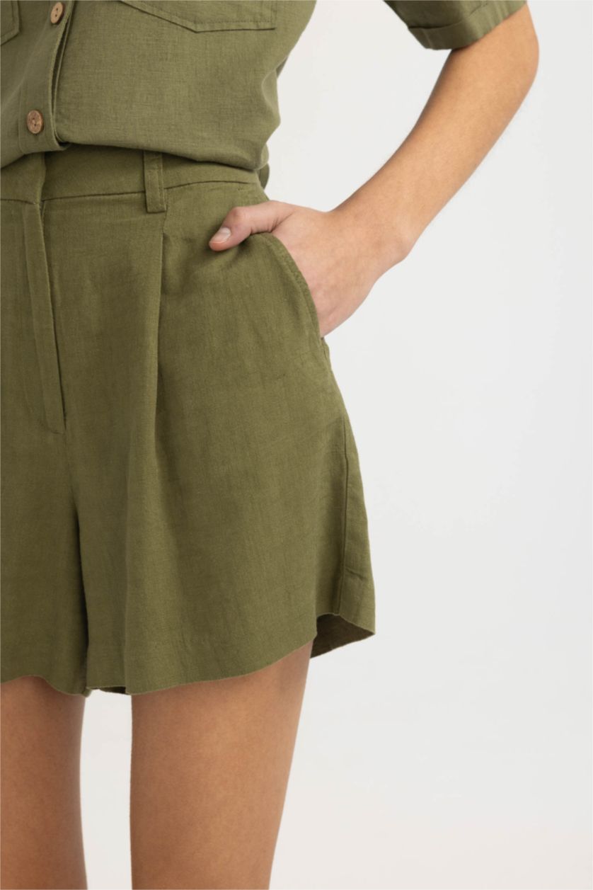 WOMAN Khaki Linen Blended High Waist Wide Leg Shorts