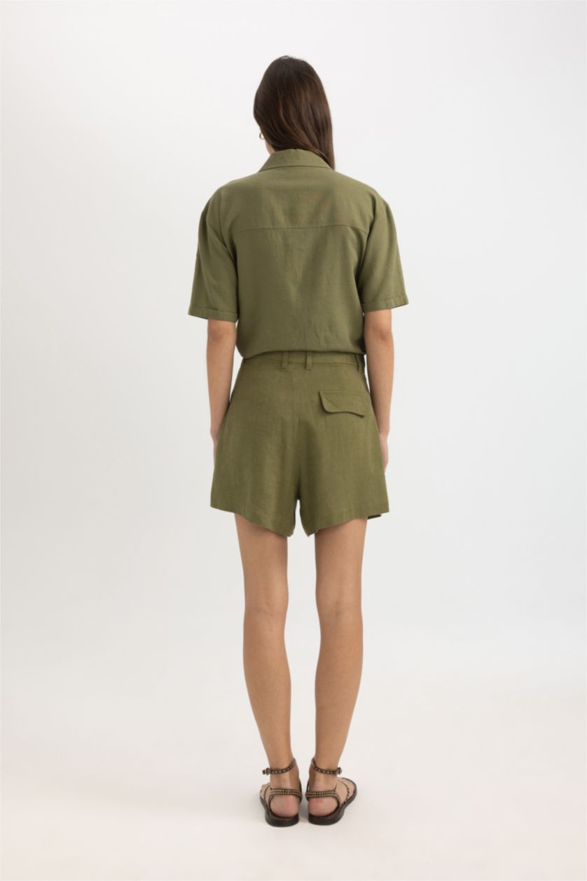 WOMAN Khaki Linen Blended High Waist Wide Leg Shorts