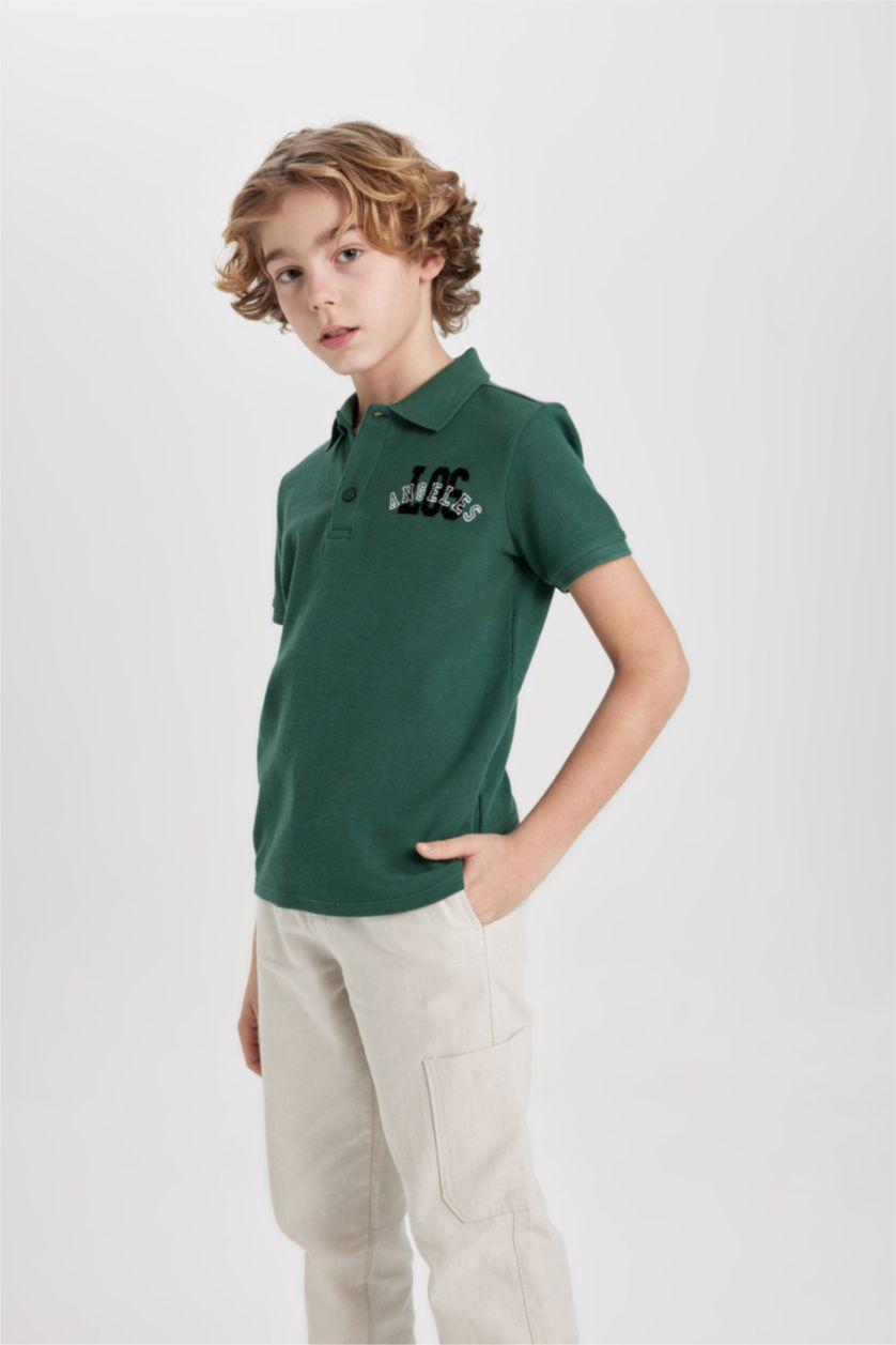 BOYS & TEENS Green Boy Waffle Short Sleeve Polo T-Shirt