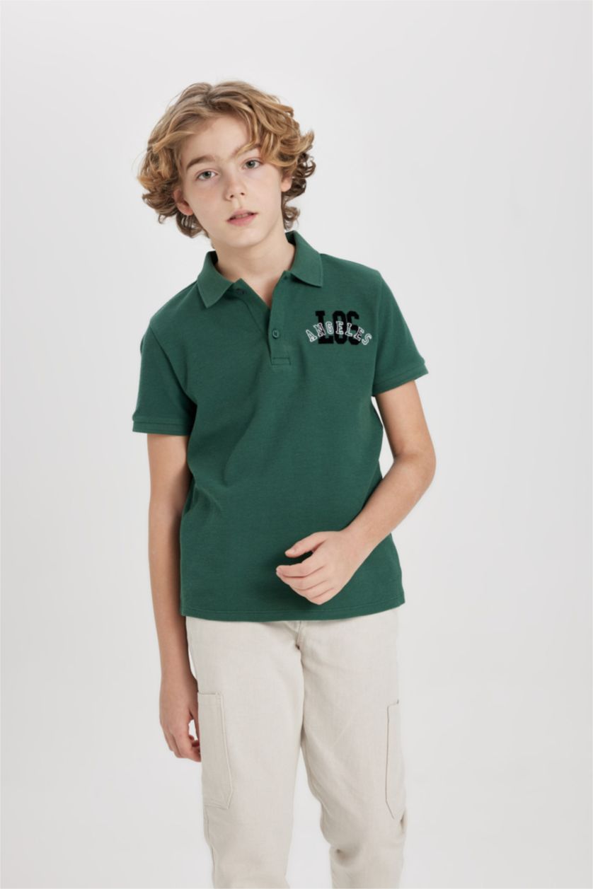 BOYS & TEENS Green Boy Waffle Short Sleeve Polo T-Shirt