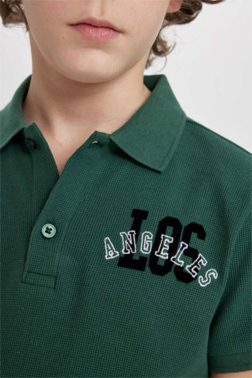 BOYS & TEENS Green Boy Waffle Short Sleeve Polo T-Shirt