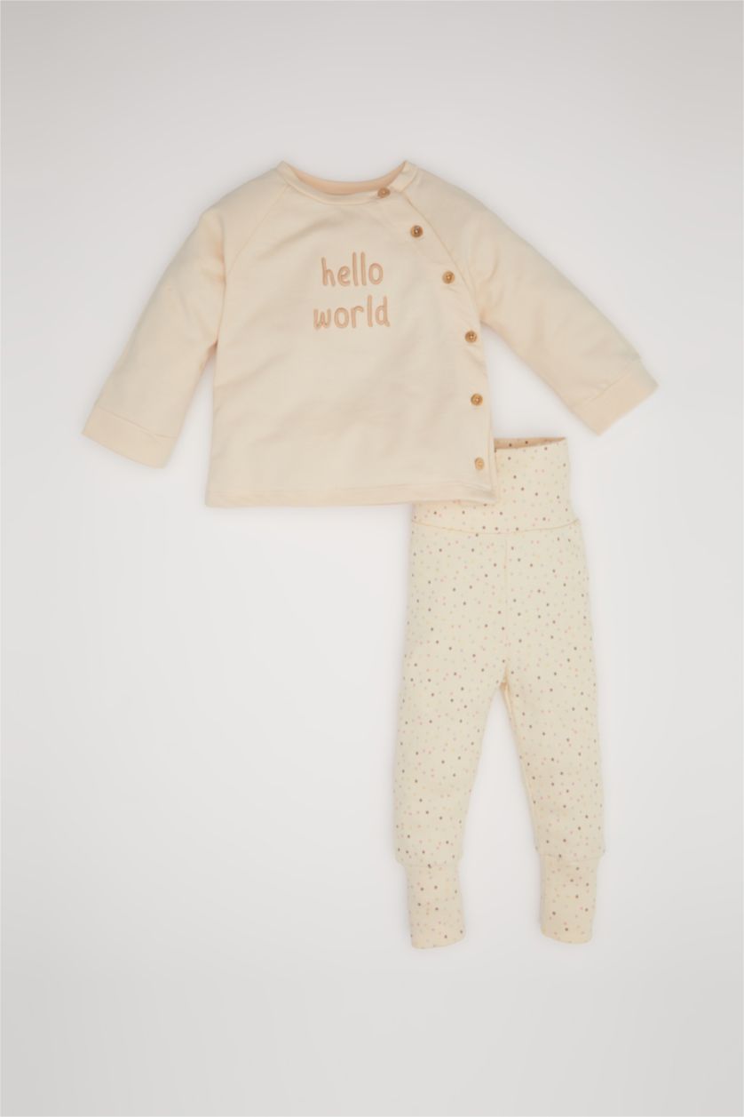 Kız Bebek Ekru Kız Bebek 2'li Takım Düğme Detaylı Baskılı Sweatshirt Üst Beli Lastikli Uzun Tayt Alt