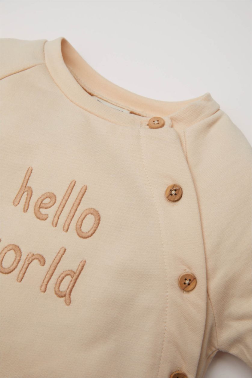 Kız Bebek Ekru Kız Bebek 2'li Takım Düğme Detaylı Baskılı Sweatshirt Üst Beli Lastikli Uzun Tayt Alt