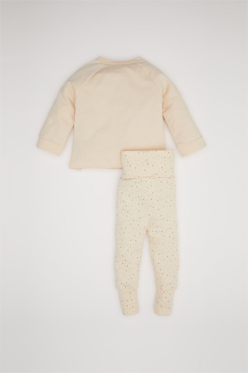 Kız Bebek Ekru Kız Bebek 2'li Takım Düğme Detaylı Baskılı Sweatshirt Üst Beli Lastikli Uzun Tayt Alt