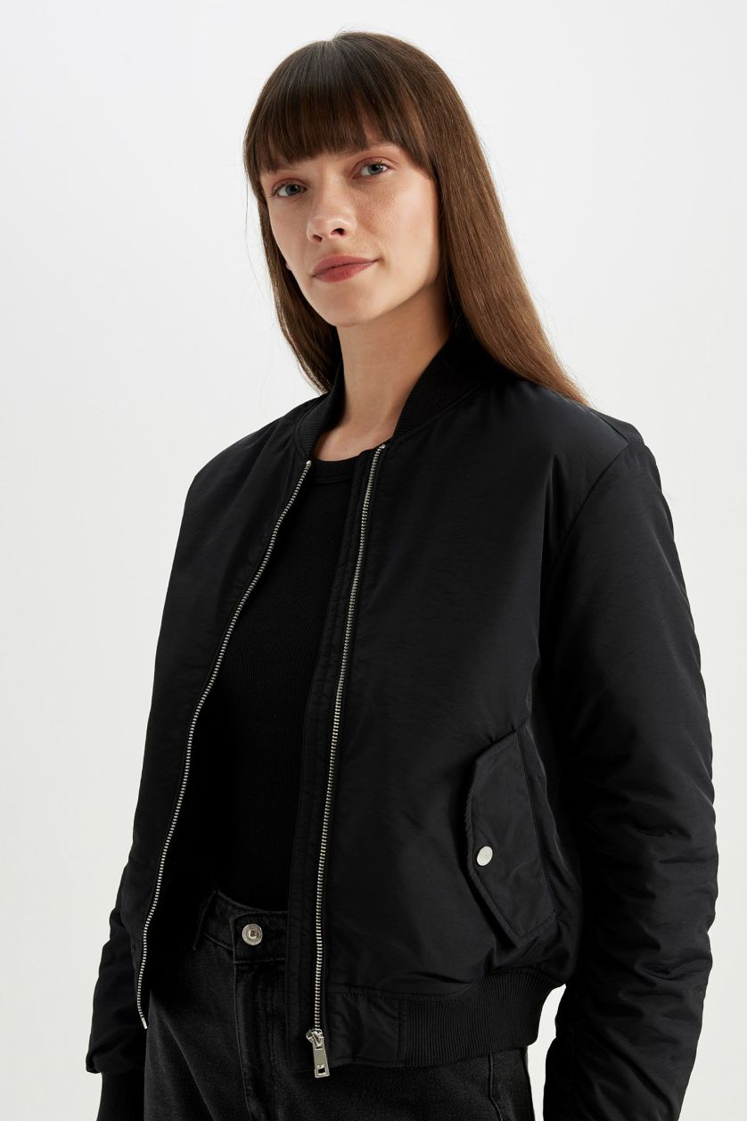 WOMAN Black Waterproof College Collar Zipper Pocket Bomber Jacket