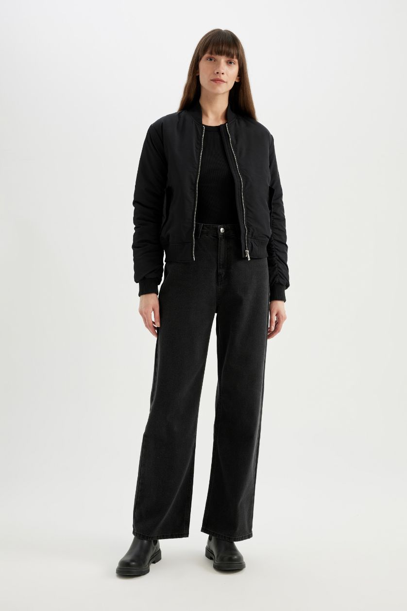 WOMAN Black Waterproof College Collar Zipper Pocket Bomber Jacket