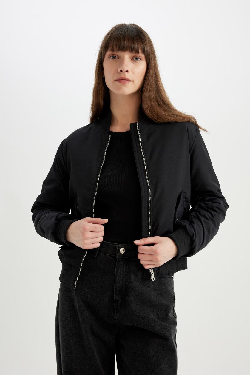 WOMAN Black Waterproof College Collar Zipper Pocket Bomber Jacket