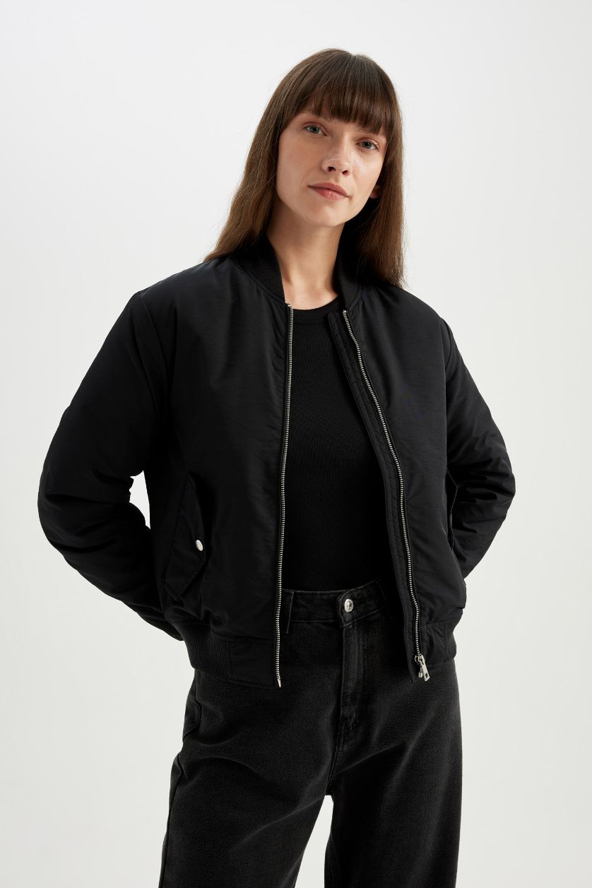 WOMAN Black Waterproof College Collar Zipper Pocket Bomber Jacket