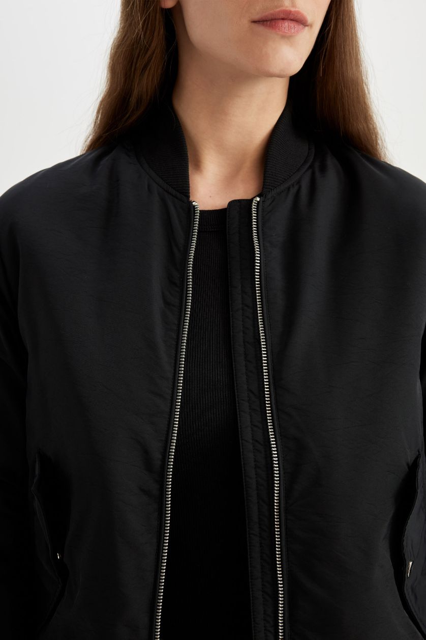 WOMAN Black Waterproof College Collar Zipper Pocket Bomber Jacket