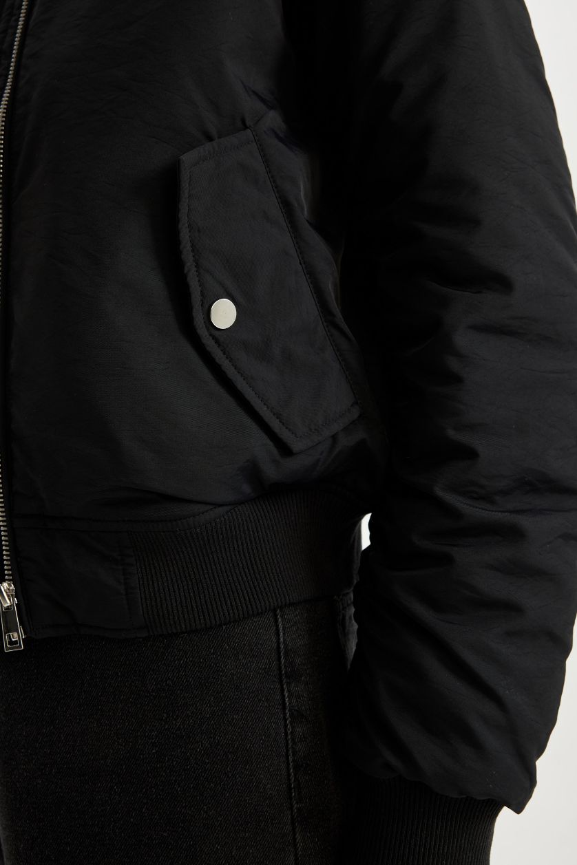 WOMAN Black Waterproof College Collar Zipper Pocket Bomber Jacket