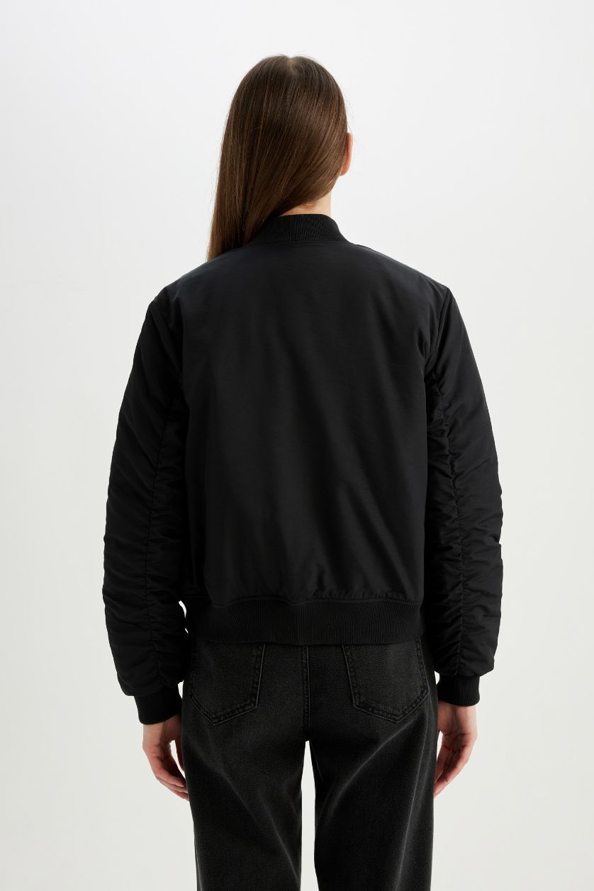 WOMAN Black Waterproof College Collar Zipper Pocket Bomber Jacket