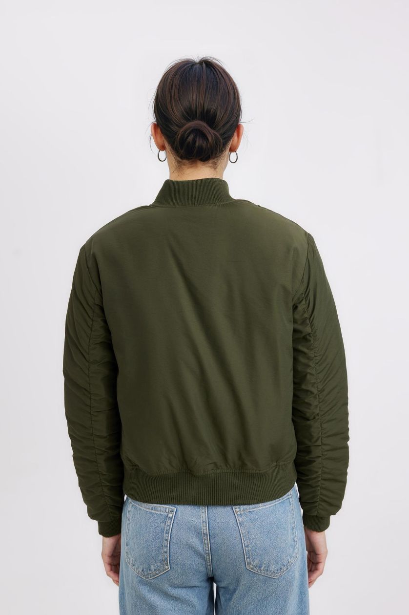 Kadın Haki Su Geçirmez Kolej Yaka Düz Fermuarlı Cepli Bomber Ceket Mont