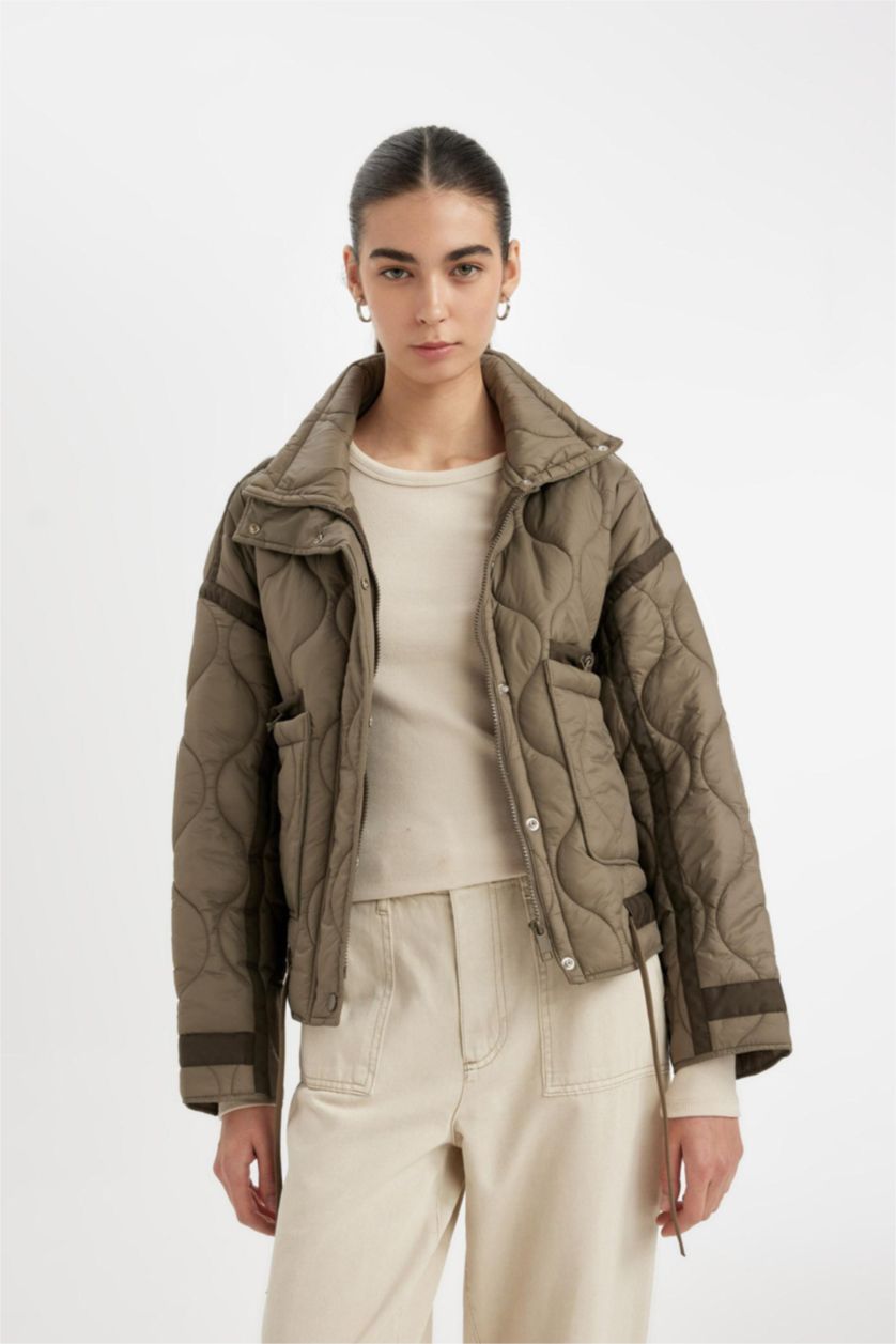 Kadın Vizon Oversize Geniş Kalıp Hafif Mevsimlik Mont Dik Yaka Kapitoneli Fermuarlı Çıtçıtlı Cepli