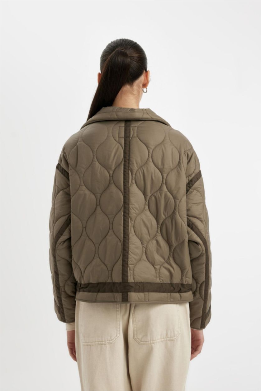 Kadın Vizon Oversize Geniş Kalıp Hafif Mevsimlik Mont Dik Yaka Kapitoneli Fermuarlı Çıtçıtlı Cepli