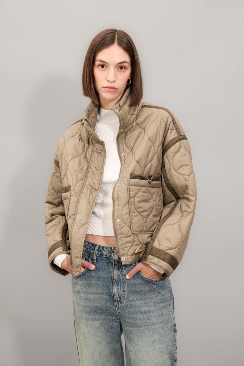 Kadın Vizon Oversize Geniş Kalıp Hafif Mevsimlik Mont Dik Yaka Kapitoneli Fermuarlı Çıtçıtlı Cepli