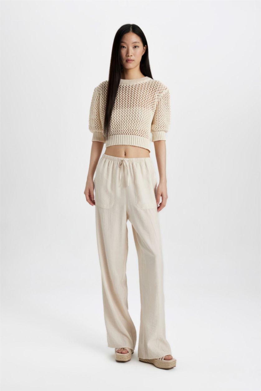 WOMAN Stone Straight Fit Wide Leg With Pockets Crinkle Fabric Trousers