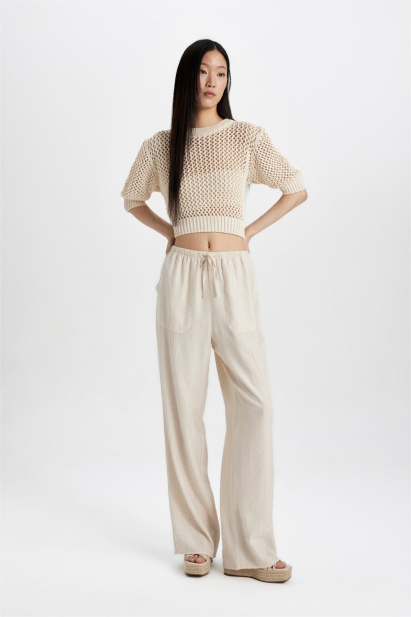 WOMAN Stone Straight Fit Wide Leg With Pockets Crinkle Fabric Trousers