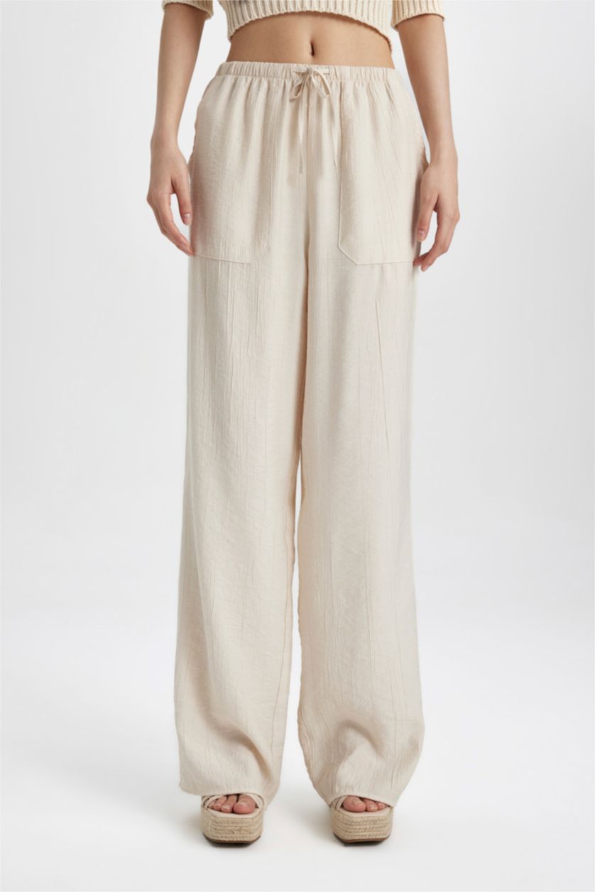 WOMAN Stone Straight Fit Wide Leg With Pockets Crinkle Fabric Trousers